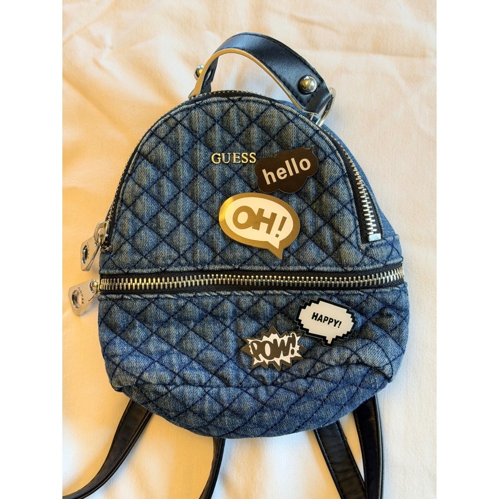 Guess Quilted Denim Mini Backpack Blue Patches Speech Bubbles Small Bag